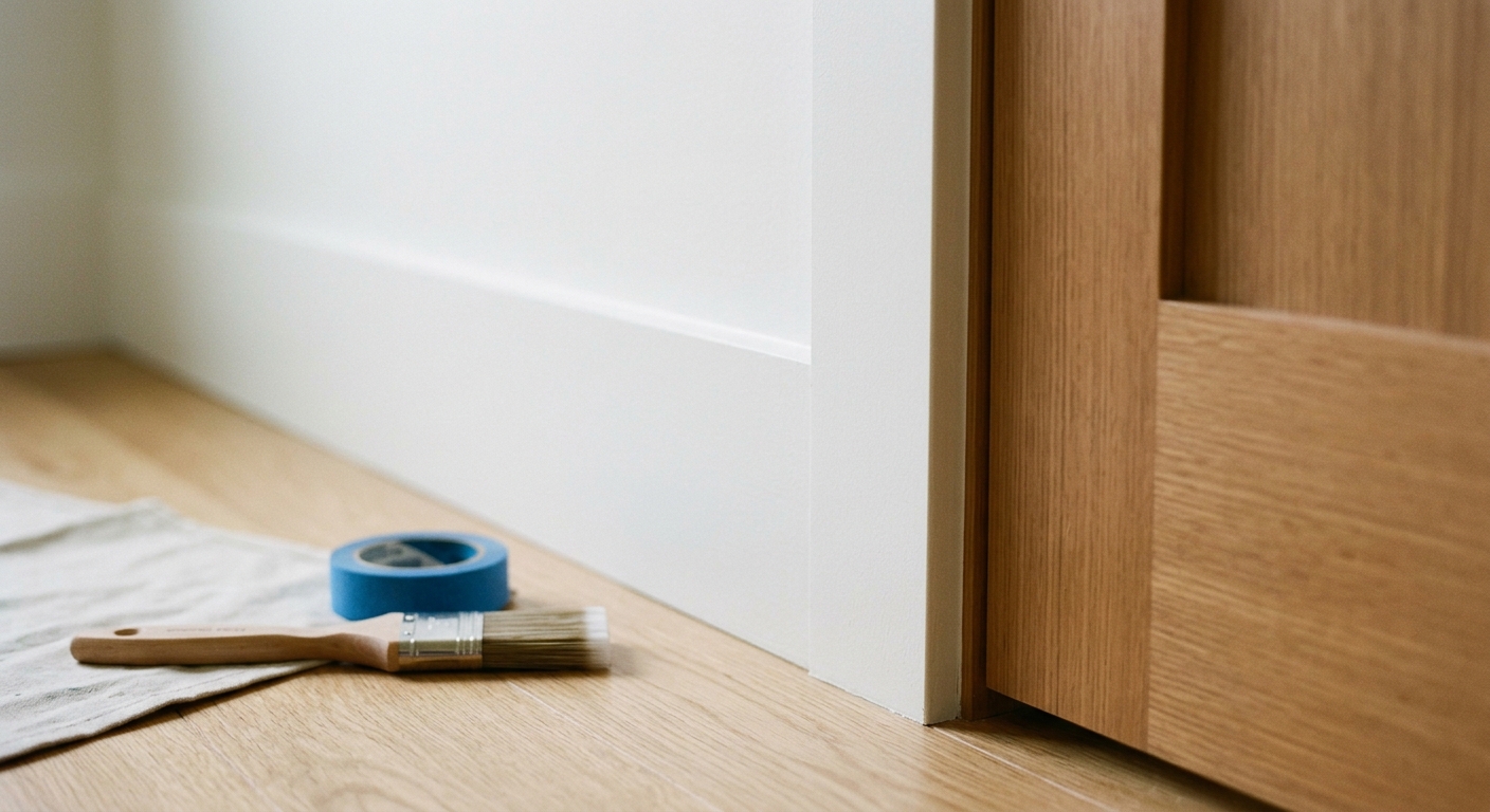 Paintbrush and tape near painted baseboard